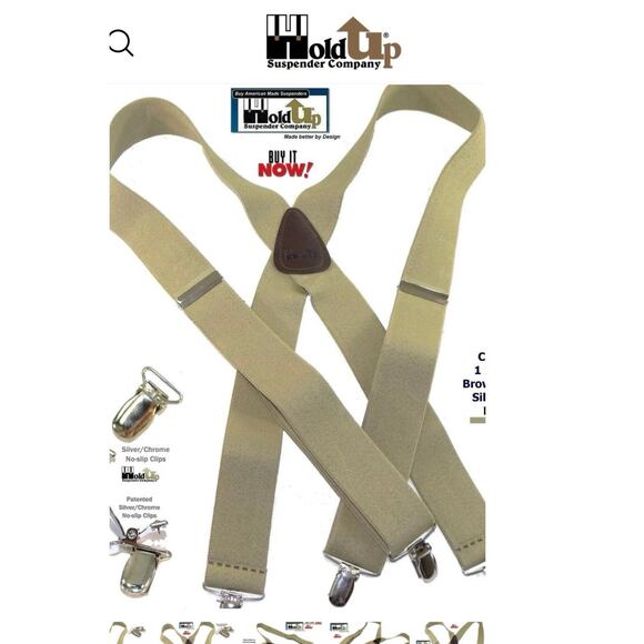Hold Up Suspenders Men’s Tan Beige Silver Adjustable String Clips 1.5”X2” USA - Picture 2 of 5